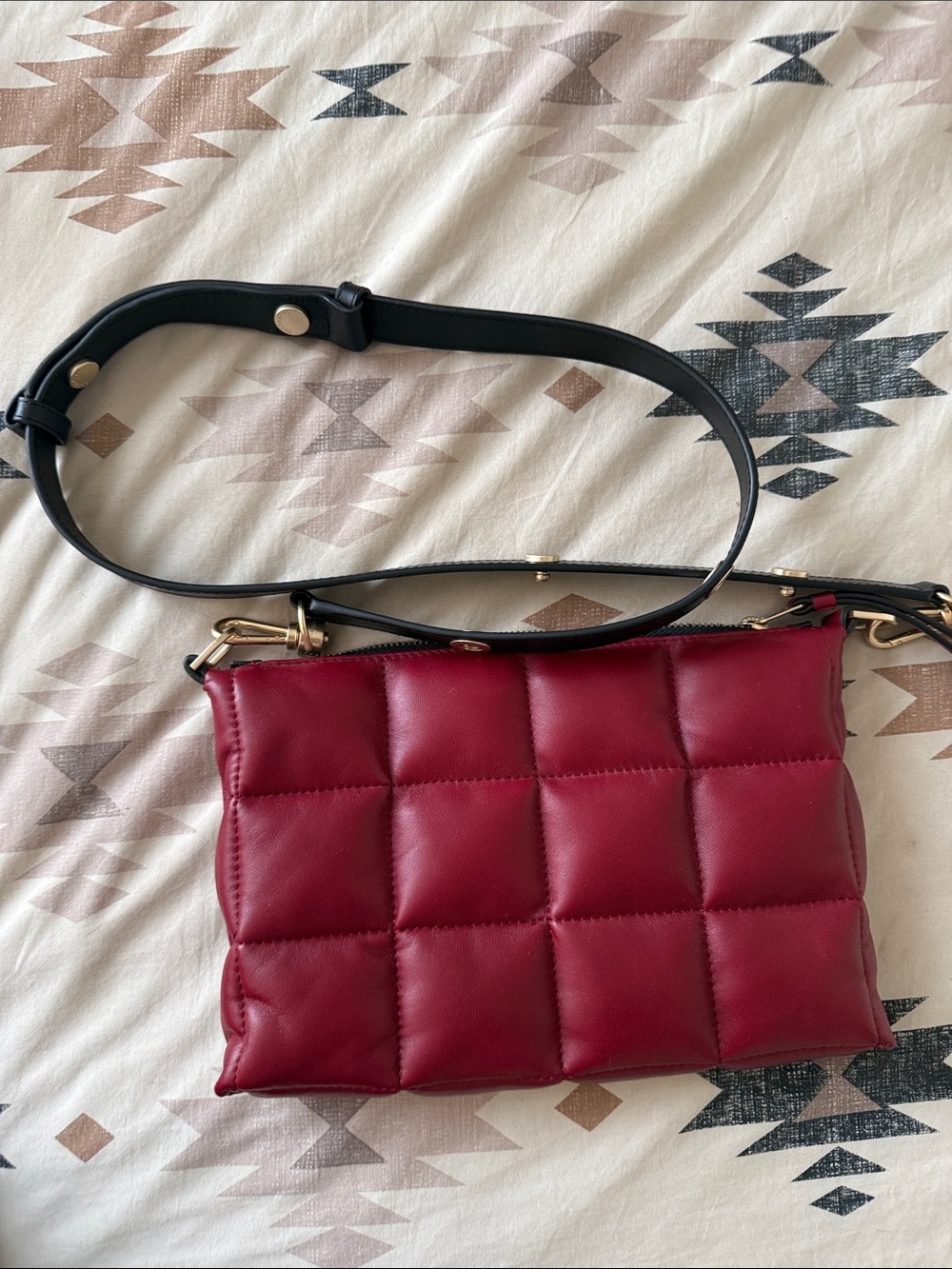 All Saints Quilted Burgundy Crossbody with Black Strap